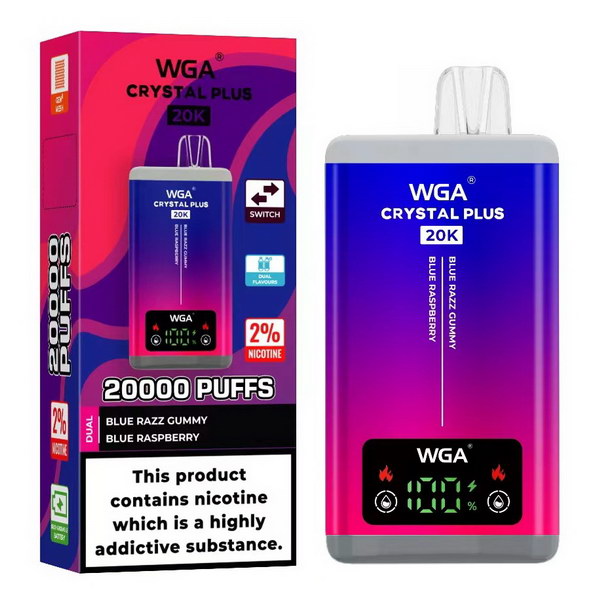 WGA Crystal Plus 20000 Puffs 2 in 1 Prefilled Kit Box of 10, Blue Razz Gummy, Blue Raspberry Flavour