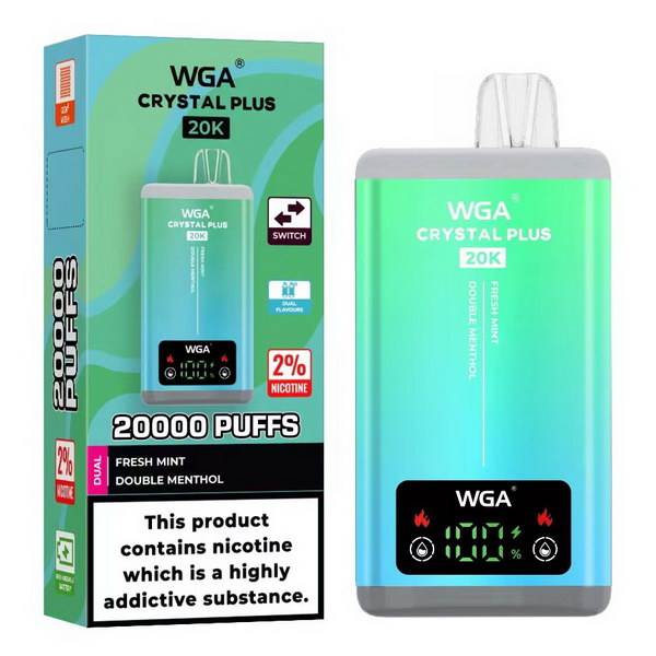 WGA Crystal Plus 20000 Puffs 2 in 1 Prefilled Kit Box of 10, Fresh Mint, Double Menthol Flavour