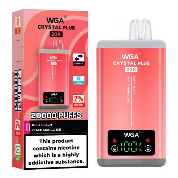 WGA Crystal Plus 20000 Puffs 2 in 1 Prefilled Kit Box of 10, Juicy Peach, Peach Mango Ice Flavour