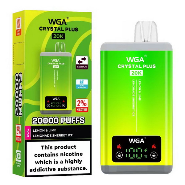 WGA Crystal Plus 20000 Puffs 2 in 1 Prefilled Kit Box of 10, Lemon Lime, Lemonade Sherbet Ice Flavour
