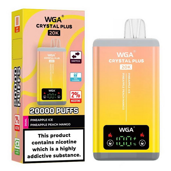 WGA Crystal Plus 20000 Puffs 2 in 1 Prefilled Kit Box of 10, Pineapple Ice, Pineapple Peach Mango Flavour