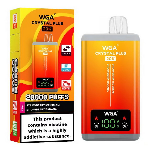 WGA Crystal Plus 20000 Puffs 2 in 1 Prefilled Kit Box of 10, Strawberry Ice Cream, Strawberry Banana Flavour