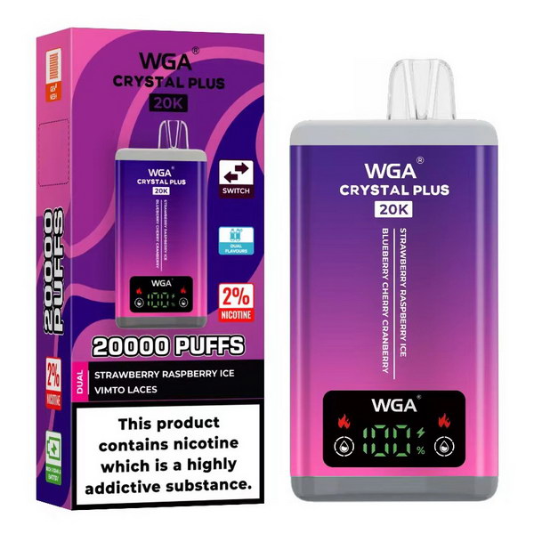 WGA Crystal Plus 20000 Puffs 2 in 1 Prefilled Kit Box of 10, Strawberry Raspberry Ice, Vimto Laces Flavour
