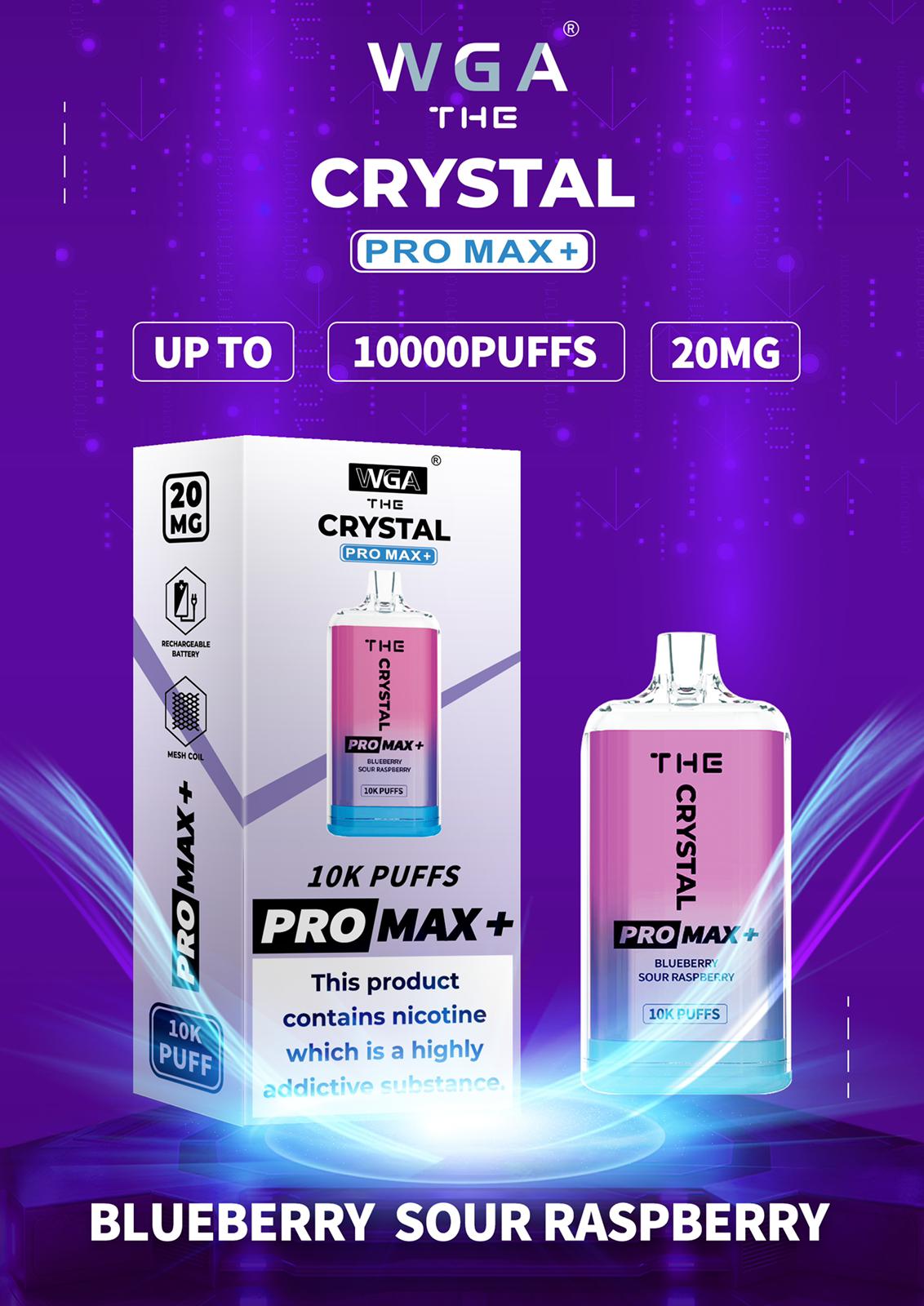 WGA Crystal Pro Max 10000 Puff Prefilled Vape Kit Box of 10, Blueberry Sour Raspberry Flavour