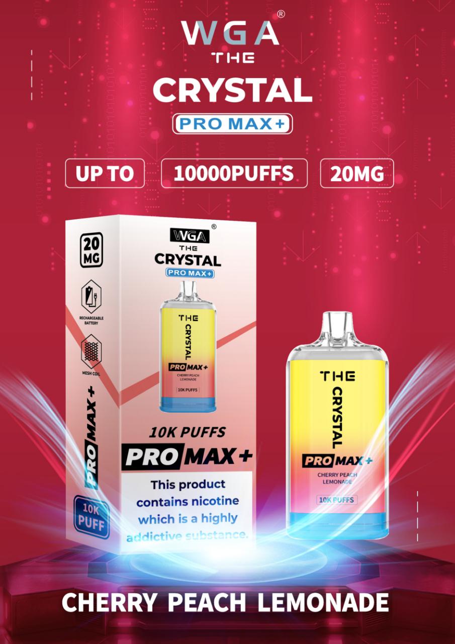 WGA Crystal Pro Max 10000 Puff Prefilled Vape Kit Box of 10, Cherry Peach Lemonade Flavour