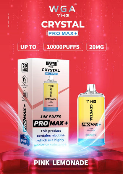 WGA Crystal Pro Max 10000 Puff Prefilled Vape Kit Box of 10, Pink Lemonade Flavour