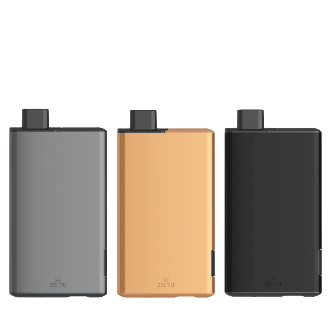 Three Zeltu X3 Prefilled Pod Vape Kits in grey, gold, and black, side by side.